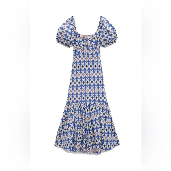 Zara Moroccan tile printed blue dress with balloon sleeves -XL - Picture 2 of 7